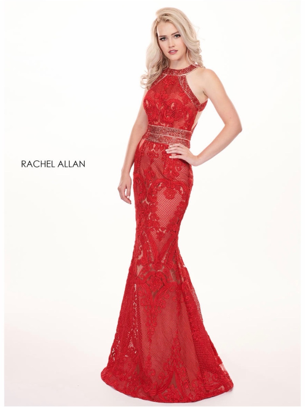 Rachel Allan Red Beaded Halter Mermaid Gown